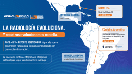 Mapa de presencia de VisualMedica en congresos de radiología 2026: Cartagena Colombia, Miami USA, Córdoba Argentina y Mendoza Argentina - Soluciones PACS, RIS e IA